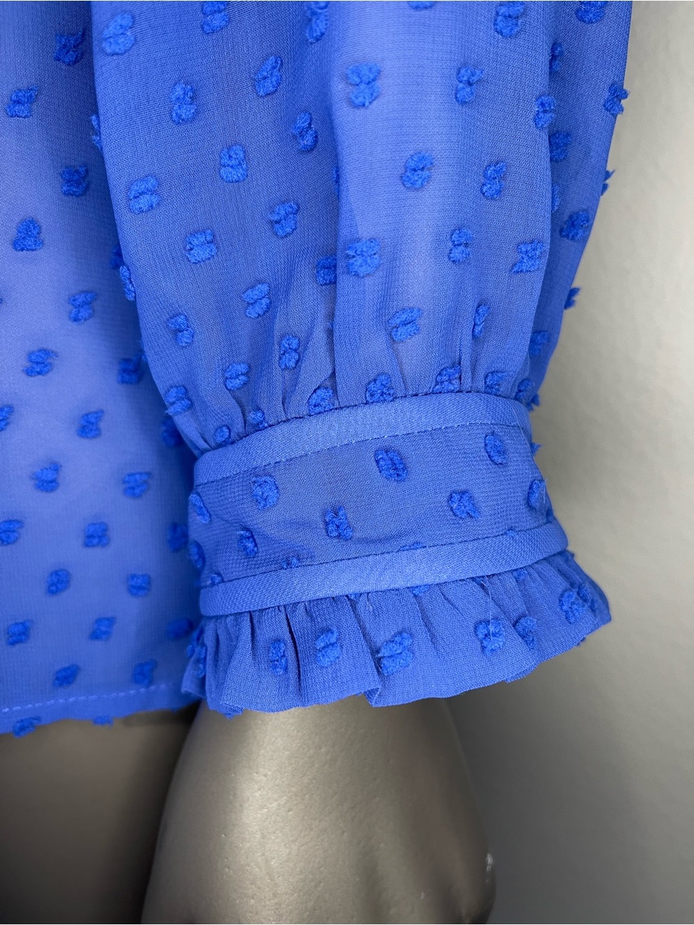 J. Crew Blouse 12 Blue Sheer Swiss Dot Ruffle High-Neck Keyhole Long Sleeve - Picture 4 of 10